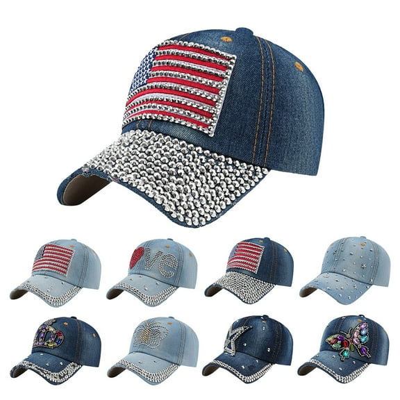 Studded Denim Panel Baseball Hat Casual Style Adjustable Headwear
