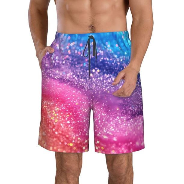 Fotbe Rainbow Glitter Cute Trajes de Baño Estampados para Hombre, Shorts de Verano de Secado Rápido, Ropa de Playa, Bañadores-Large