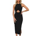 thumbnail image 1 of Vestidos de playa para mujer Vestido ajustado largo con cuello redondo fruncido con abertura (Negro L) FLhrweasw Para estrenar, 1 of 8