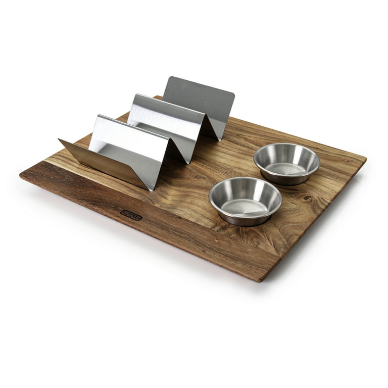 Dexas Acacia Wood Taco Serving Board with Two 2oz Stainless Steel