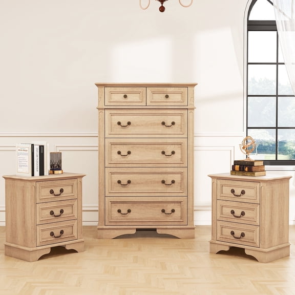 FIAKOA Bedroom Dresser & Nightstand Set,Farmhouse Wood Bedroom Furniture set with Spacious Storage, 3pc, Nature