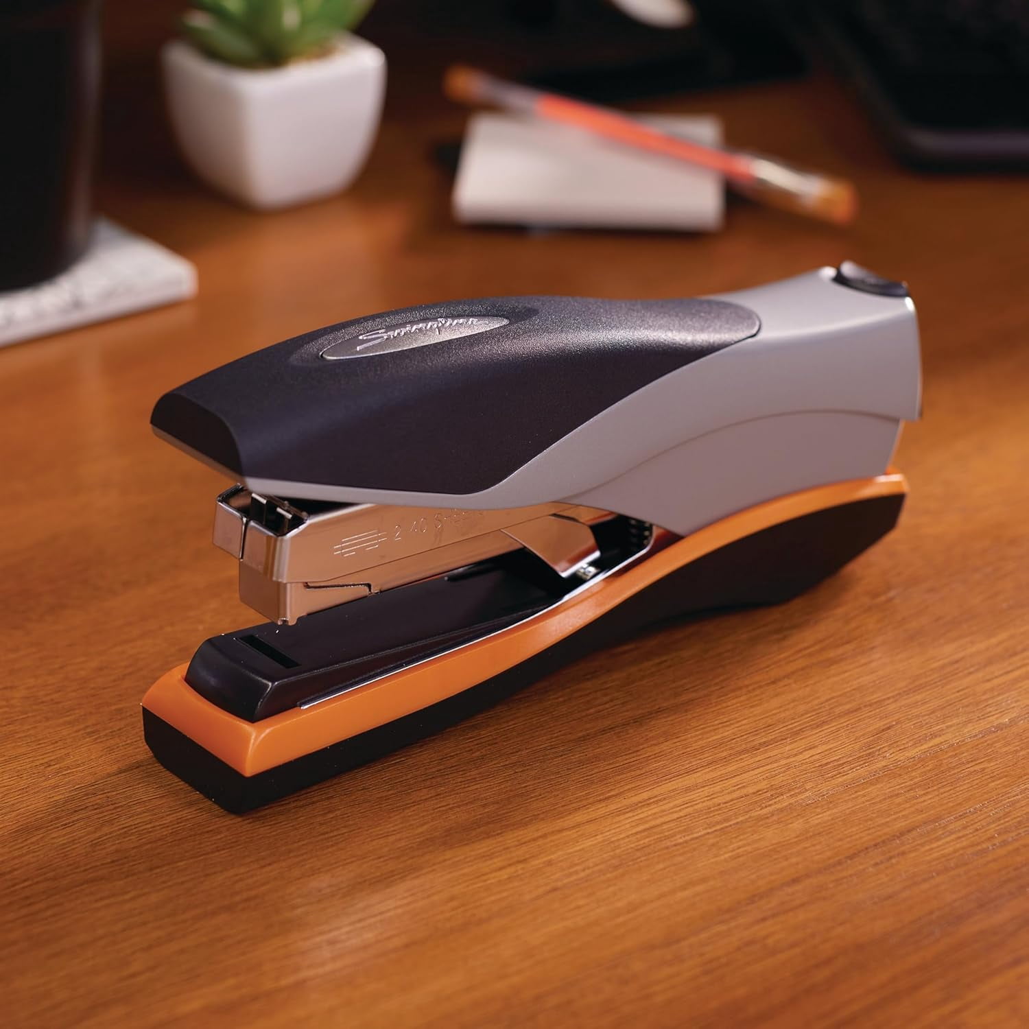 Stapler, 40 Sheet Capacity, Optima 40, Jam Free, Reduced Effort, Soft Grip, Metal, Orange and Gray (87845)