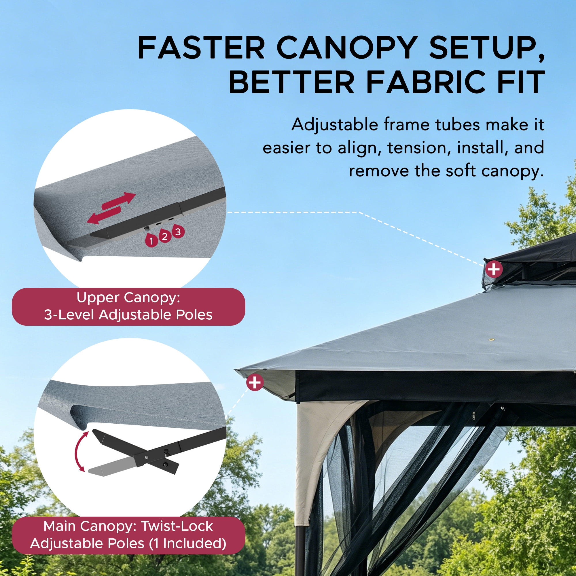 Sunjoy 9 ft. x 9 ft. Light Gray and Black Steel Soft Top Gazebo Mosquito Nettings and Privacy Screens, Double Roof Outdoor Screened Gazebos Shelter, Gazebo Canopies for Backyard