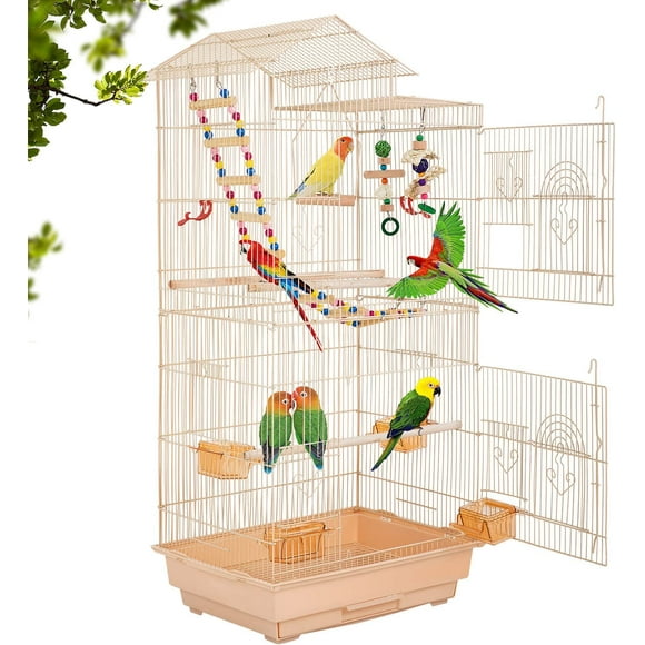 BestPet 39 inch Roof Top Large Flight Parrot Bird Cage Accessories Medium Roof Top Large Flight cage Parakeet cage for Small Cockatiel Canary Parakeet Sun Parakeet Pet Toy (Almond)
