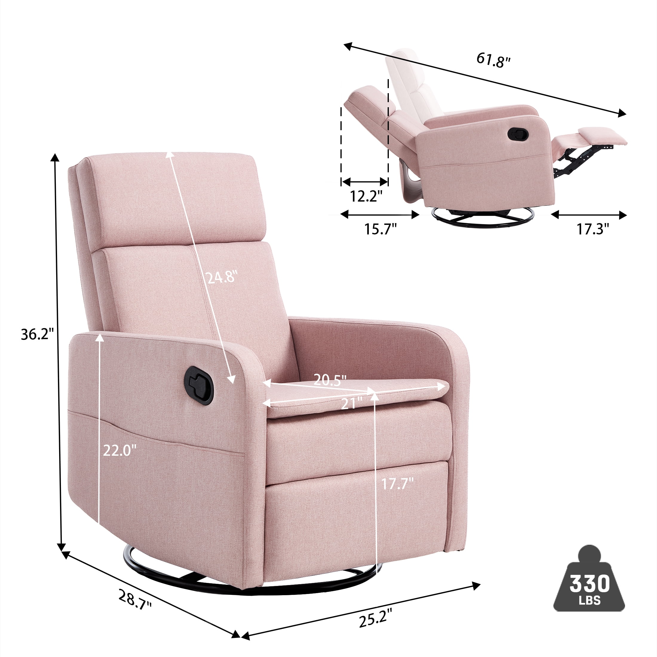Ketaiyou Swivel Rocking Recliner Chair for Adults, Nursery Glider Chair with Adjustable Headrest, Pink