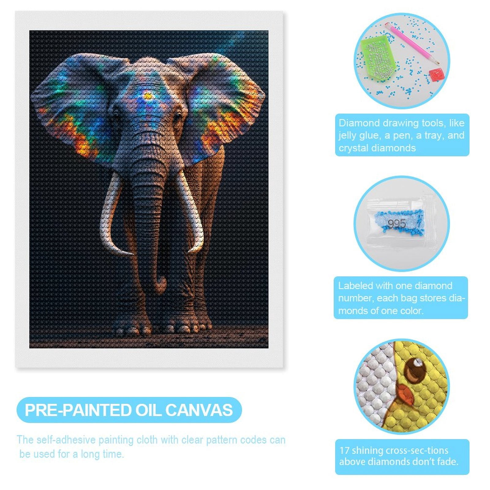 Diamond Art Kits for Adults - Colorful Elephant with Vibrant Ears 5d Diamond Painting for Adults, Diamond Art for Adults Beginners, Frameless Diamond Painting Kits for Adults for Home Wall Decor