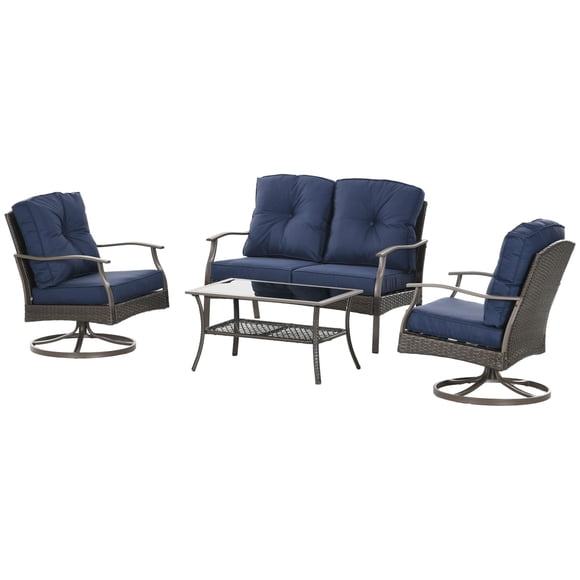 Ensemble de Mobilier de Patio en Rotin PE 4 Pcs avec 2 Chaises Pivotantes Simples, 1 Causeuse et Table Basse à Dessus en Verre, Coussins Bleu Marine pour Jardin, Cour Arrière et Espaces de Vie Extérieurs
