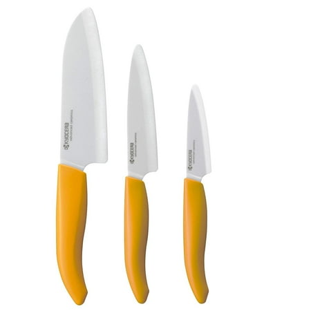 

Kyocera Advanced Ceramic Revolution 3 Piece Knife Set with 5.5 Santoku 4. 5 Utility and 3 Paring Knife Yellow/White