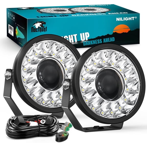 Nilight 7 Inch LED Offroad Driving Lights with DRL 2PCS 100W Round Hyper Spot Beam Offroad Light w/ 12 AWG DT Connector Wiring Harness Kit for Jeep Truck ATV UTV SUV