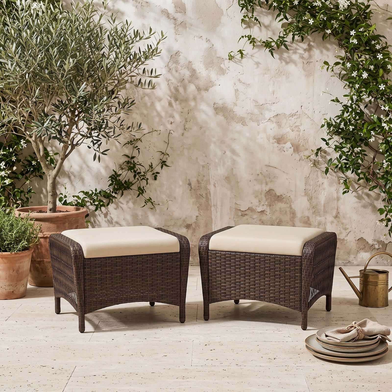 Furnibear Set of 2 Outdoor PE Wicker Patio Ottomans with Removable Cushions for Foot Rest, Extra Seating and Side Table Use, Beige