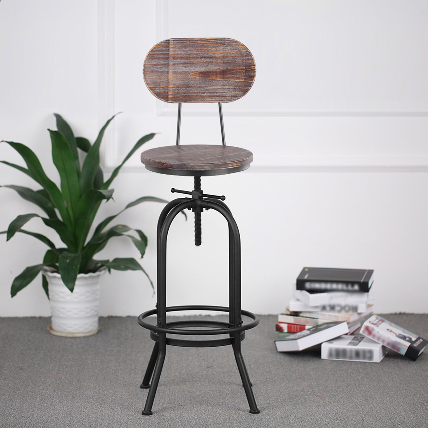 Queiting Industrial Bar Stool Kitchen Vintage Dining Chair Wooden Swivel Stool With Backrest Ajustable Height