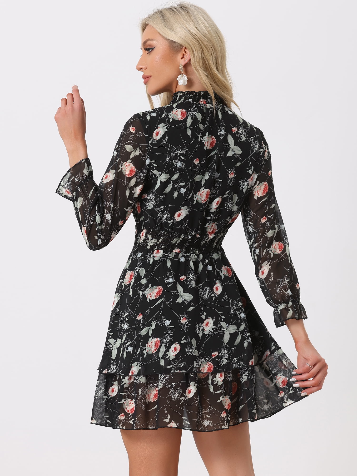 DARING DIVA Floral Ruffle Trim Layered Dresses M Black