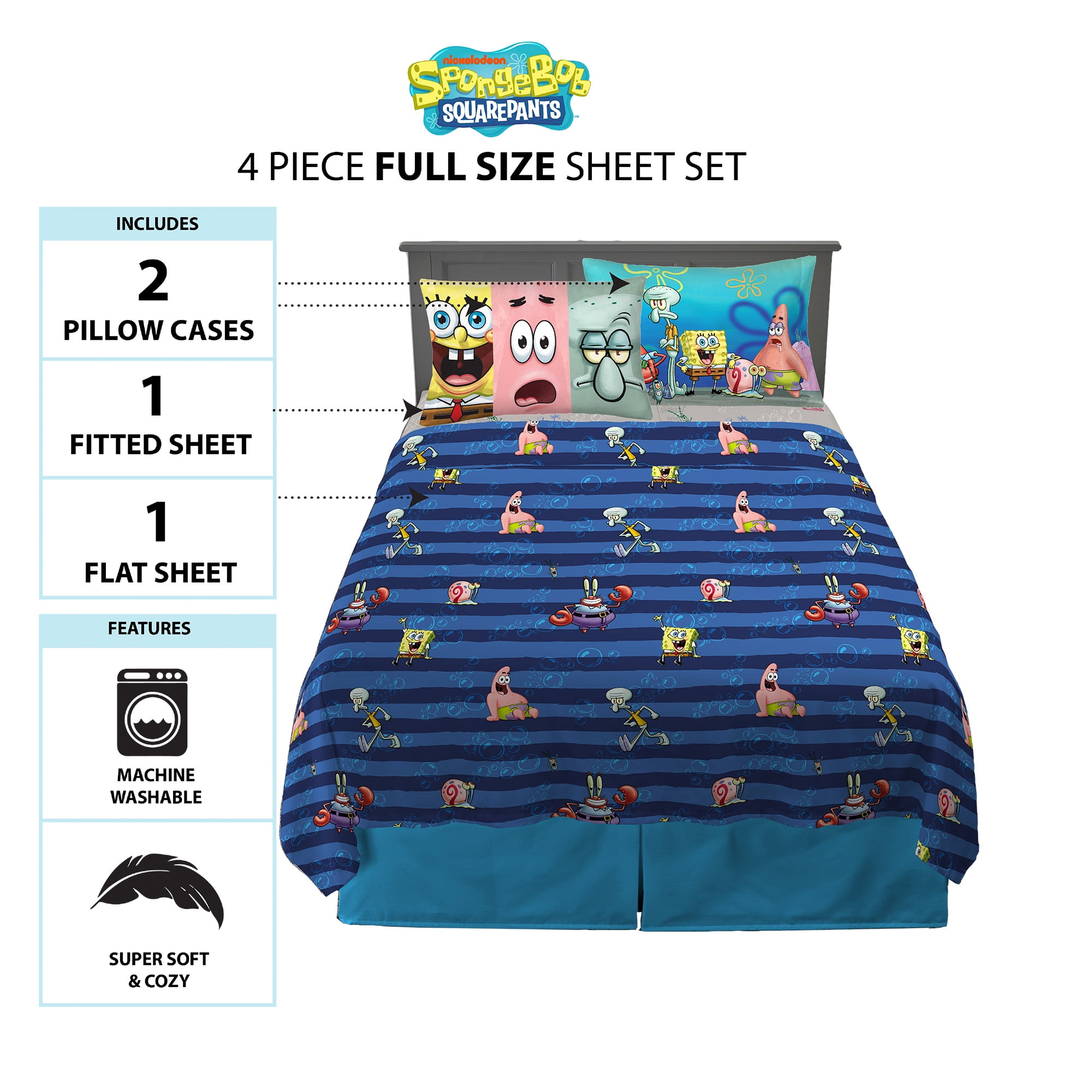 Nickelodeon Sponge Bob  Full size Sheet pillows Set 4 pieces 