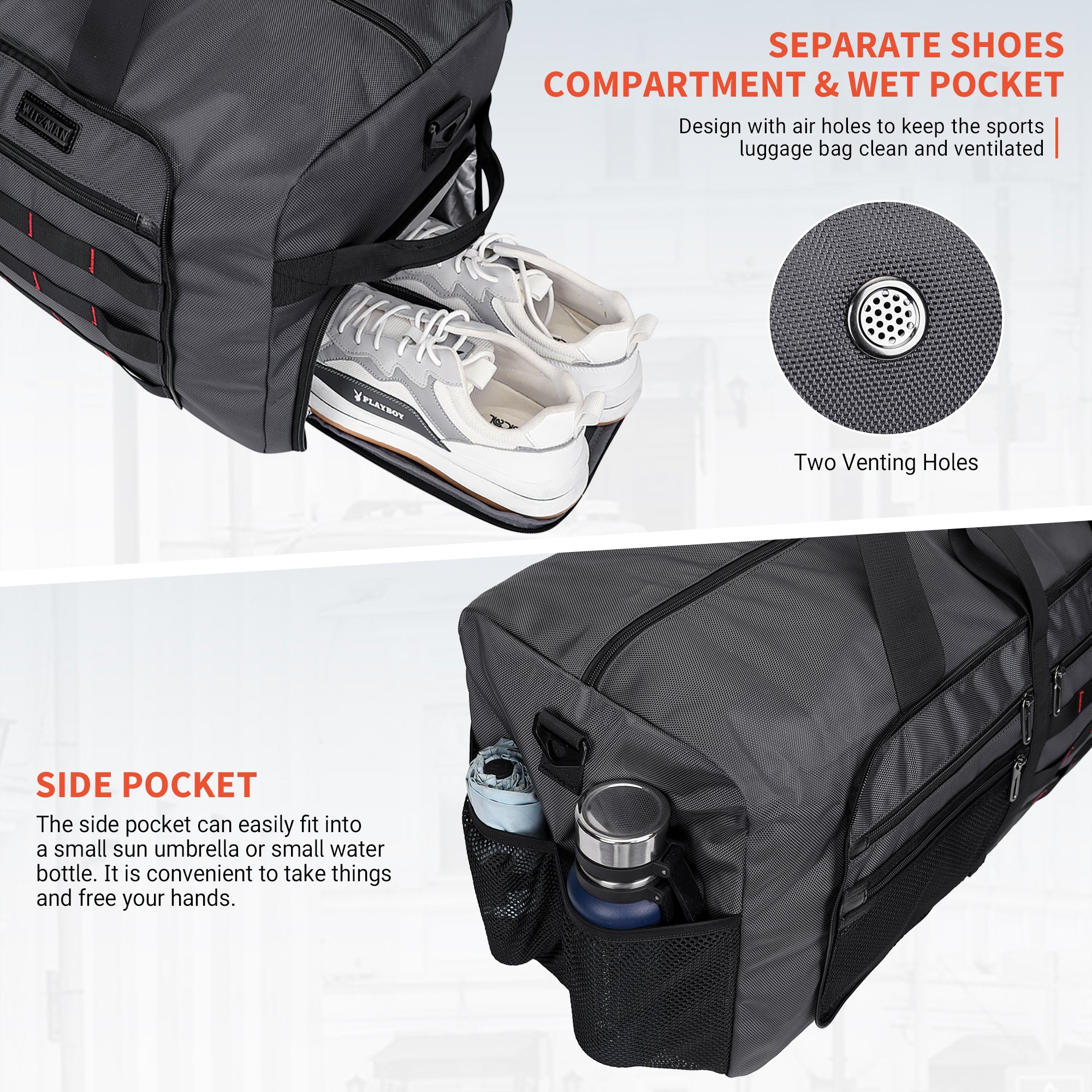 WITZMAN Foldable Duffle Bag for Travel 65L Lightweight Packable Duffel Bag with Shoes Compartment Overnight Bag for Men Women (B697 Silvery Grey)