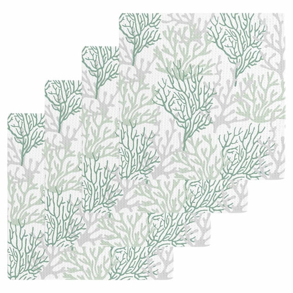 Sage Green Coral Coastal Dish Towels Set, Waffle Weave Kitchen Towels 4 Pieces, Summer Beach Seaside Nautical Microfiber Hair Face Bath Tea Towel Absorbent Quick Drying Cleaning Dish Cloths, 12"x12"