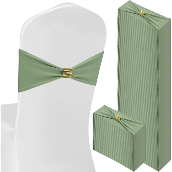 100 Pcs Spandex Chair Sashes Bows with Rhinestone Ring Buckle Slider Elastic Universal Bowknot Chair Cover Bands Ties for Wedding Banquet Ceremony Event Party Decoration(Sage Green)