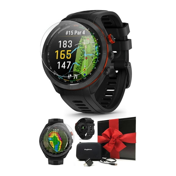 Garmin Approach S70 (Black, 47mm) Golf GPS Watch Gift Box Bundle with PlayBetter Screen Protectors, Wall Adapter & Hard Case