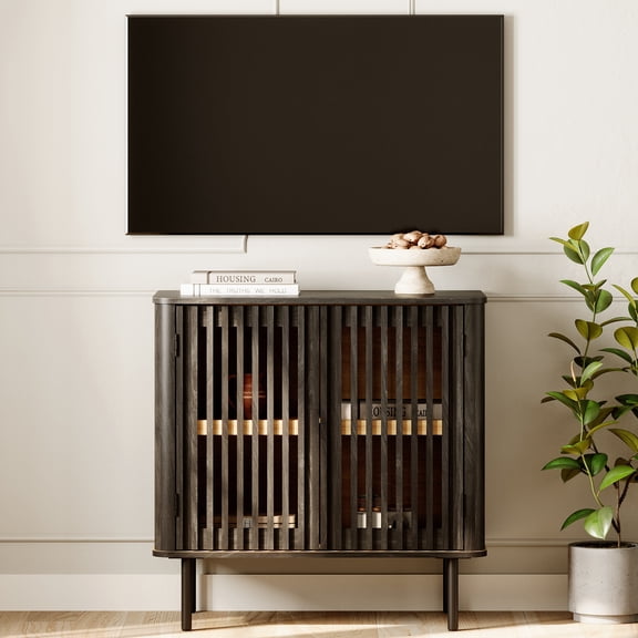 31.5" TV Stand for TVs up to 43", Pop-up Design Wood Entertainment Center with Storage, Black