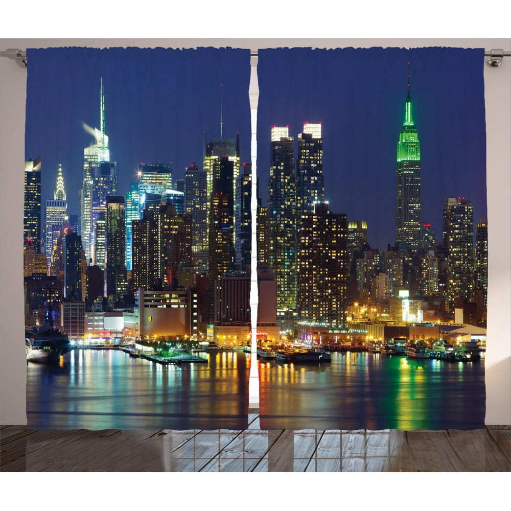New York Curtains 2 Panels Set, NYC Midtown Skyline in Evening