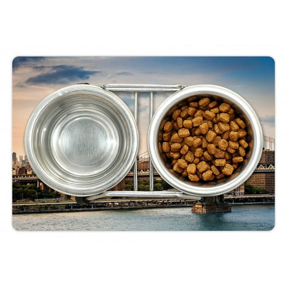 New York Pet Mat for Food and Water, Manhattan Bridge and the New York Skyline at Sunset East River Highrise Buildings, Non-Slip Rubber Mat for Dogs and Cats, 18" X 12", by Ambesonne