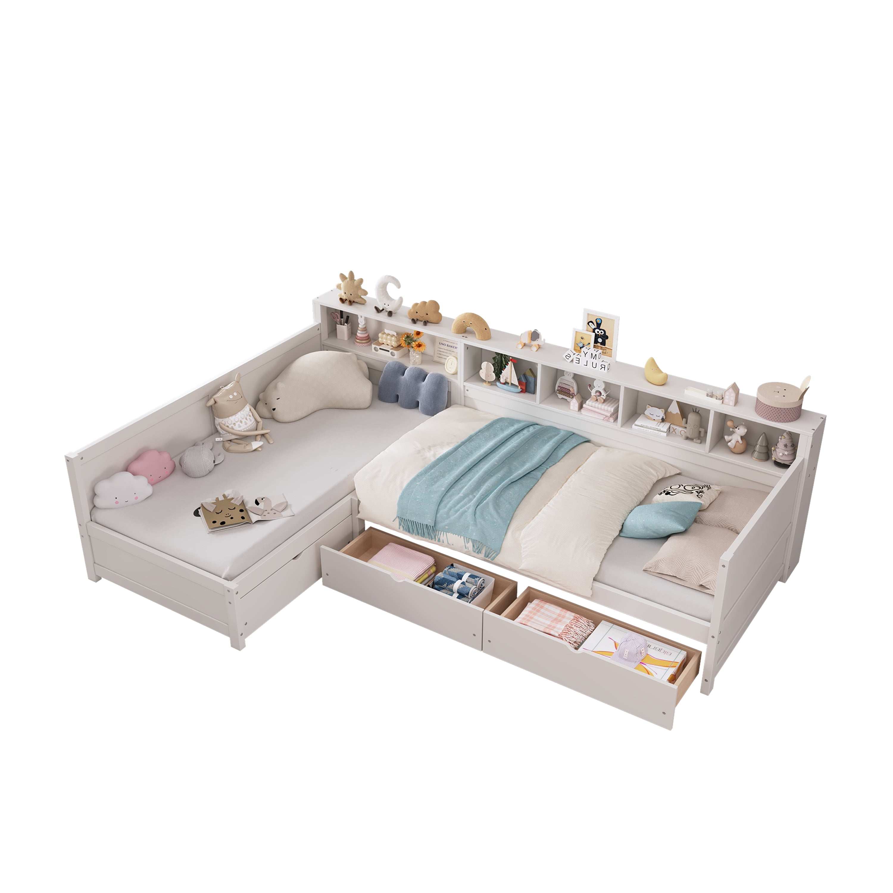 Euroco Wood Twin Size L Shaped Platform Bed with Drawers, Captain Bed with Shelves and Cabinets, 2 Beds in One, White