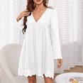 thumbnail image 1 of Vestido de mujer de una pieza de encaje con cuello en V, manga larga, color puro con bolsillos para oficina en casa, 1 of 6