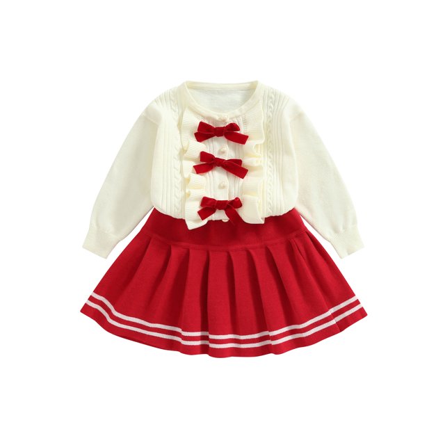 Faithtur 2PCS Toddler Girls Fall Outfits, Long Sleeve Bow Front Knit Tops + Pleated Skirt Set