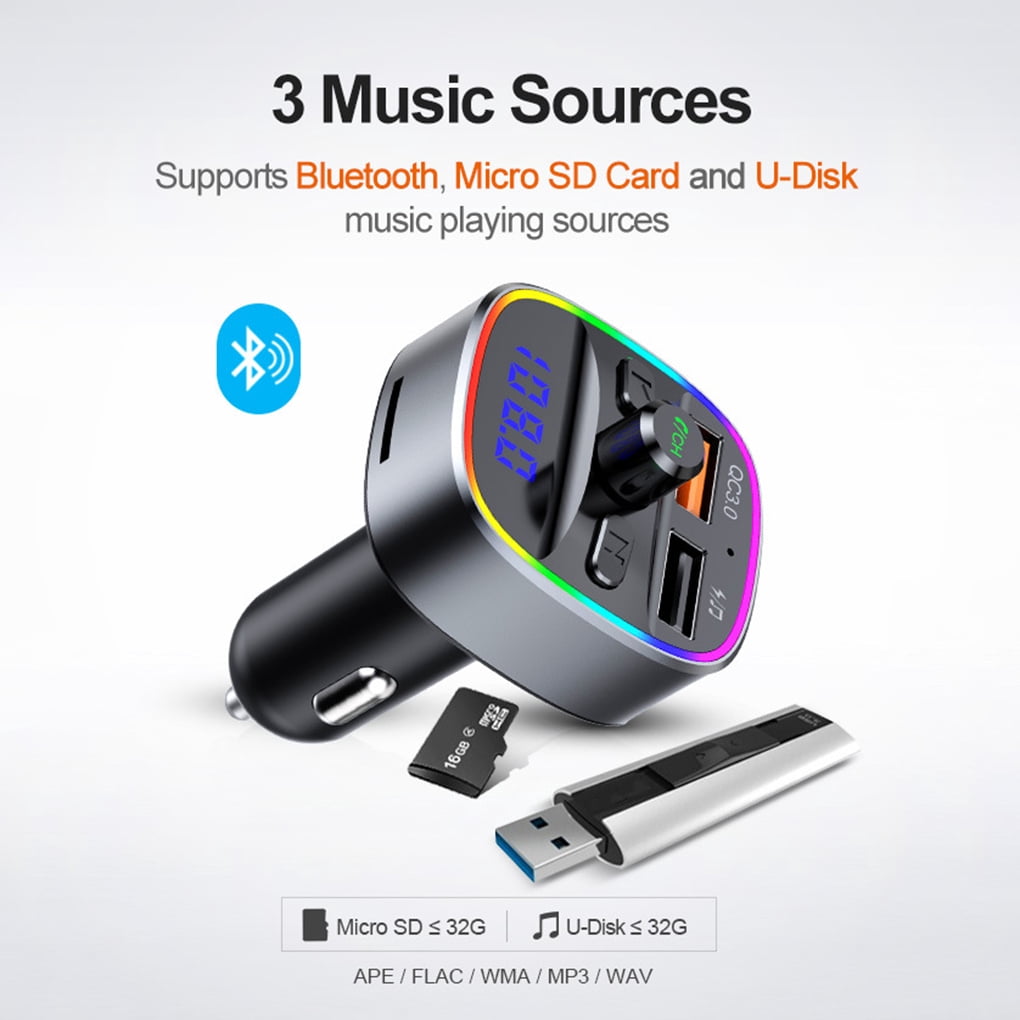 Car Audio Adapter Bluetooth V5.0 Noise Reduction Car Aux MP3 Player LED Quick Charging Charger Adapter