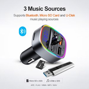 Adaptateur audio de voiture Bluetooth V5.0 Réduction du bruit Voiture Aux MP3 Joueur LED Adaptateur de charge rapide