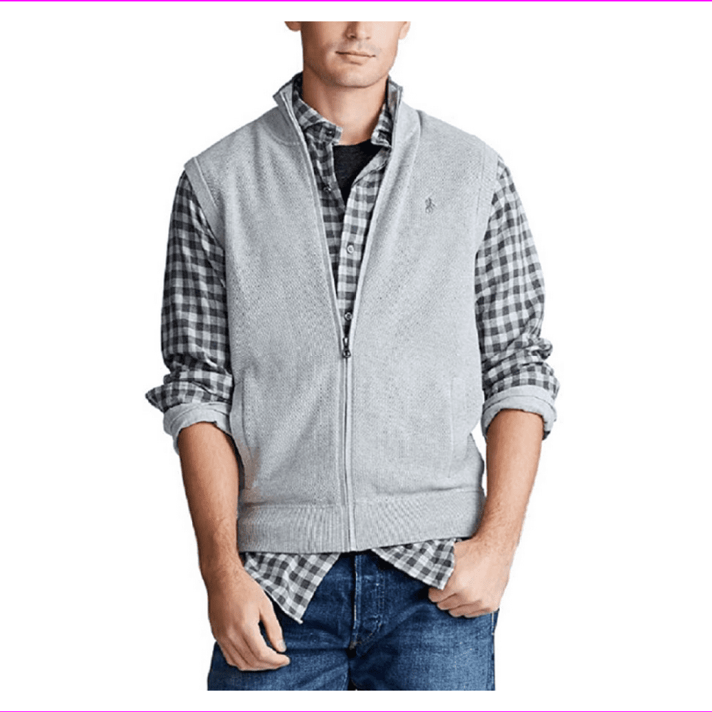 Ralph Lauren Polo Mens Pima Cotton Full Zip Sweater Vest , Grey , Size :  Large 