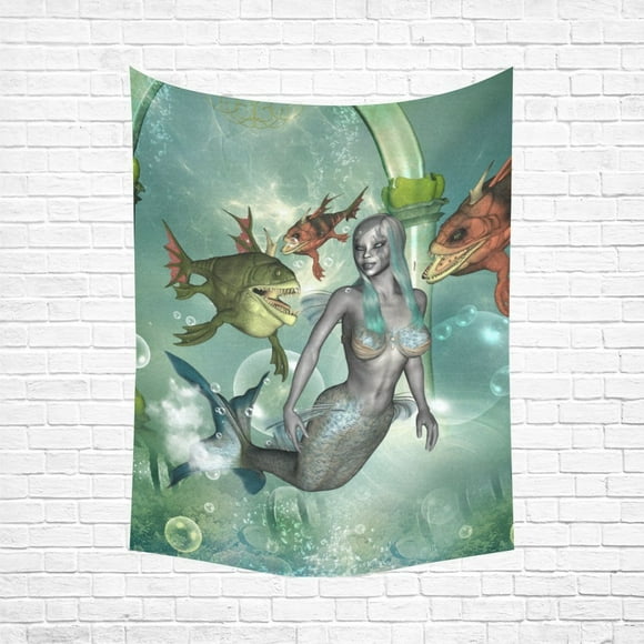 BSDHOME Wall Art Beautiful Dark Mermaid With Fantasy Fish Wall Tapestry 80x60 inches