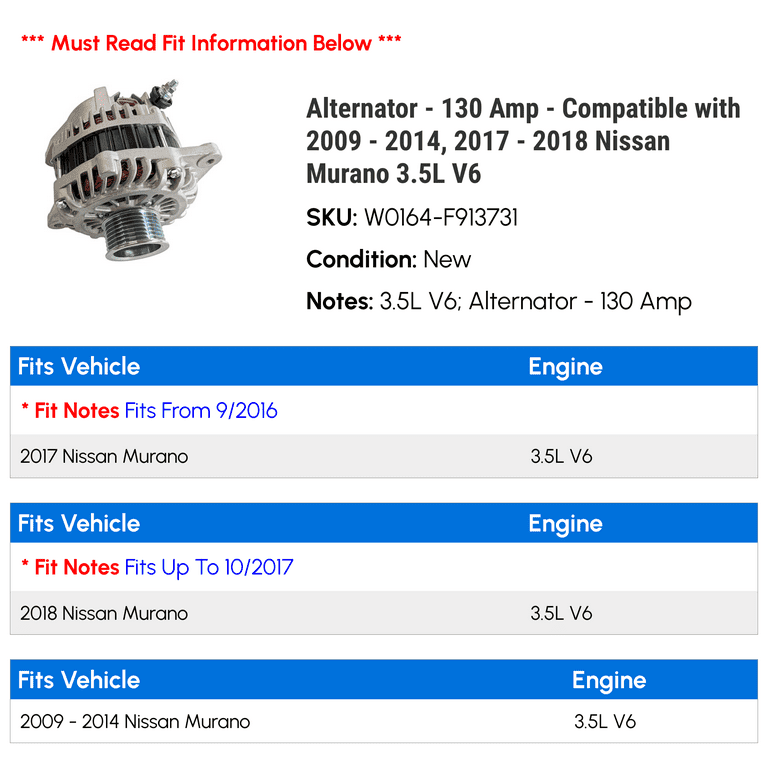 Alternator Fits select: 2009 NISSAN MURANO, 2009-2010 NISSAN