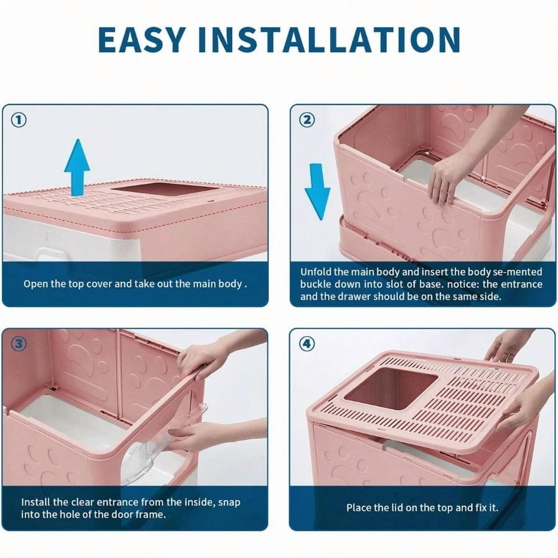 Cat Litter Box with Litter Mat and Scoop Large Foldable Litter Box with Lid Front Entry Top Exit Kitty Box Odor Control Easy to Clean Pink