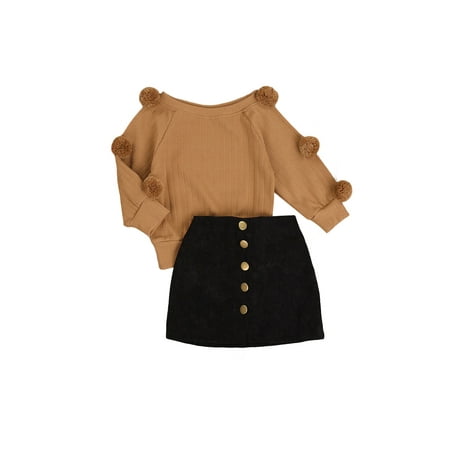 

Caitzr Little Girl s Suit Long Sleeve Round Neck Pompom Knitwear Decorative Button Skirt