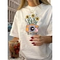 thumbnail image 1 of 1 Pce T-Shirt Vintage à Imprimé Floral pour Femmes, 100 % Coton Col Rond Manches Courtes, Motif Géométrique Décontracté d'Été, 1 of 6