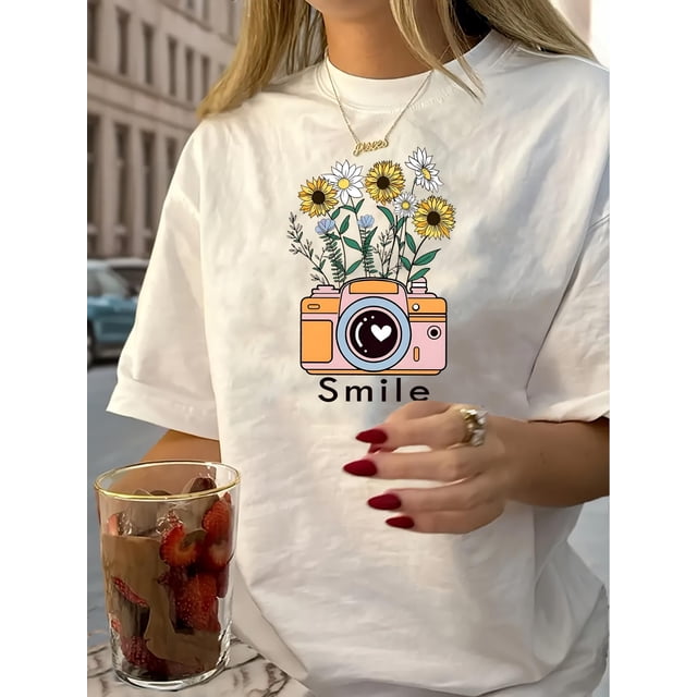 1 Pce T-Shirt Vintage à Imprimé Floral pour Femmes, 100 % Coton Col Rond Manches Courtes, Motif Géométrique Décontracté d'Été
