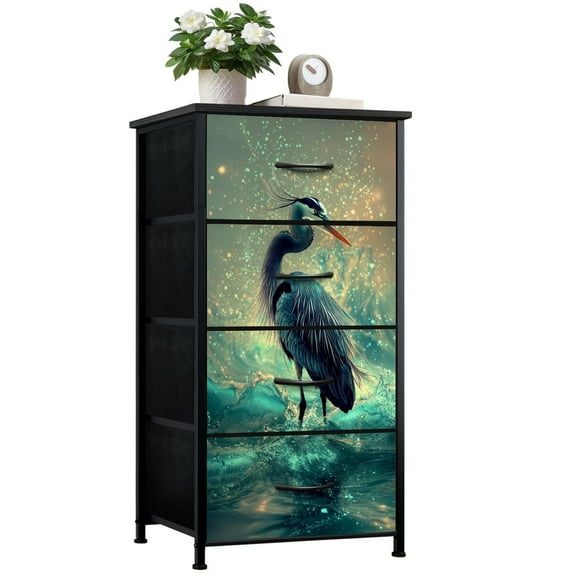 Dresser for Bedroom with 4 Storage Drawers Captivating Heron Amid Cascading Teal Sparkling Waters Dressers Chest of Drawers Steel Framed Fabric Closet Organizers for Entryway Home Decor