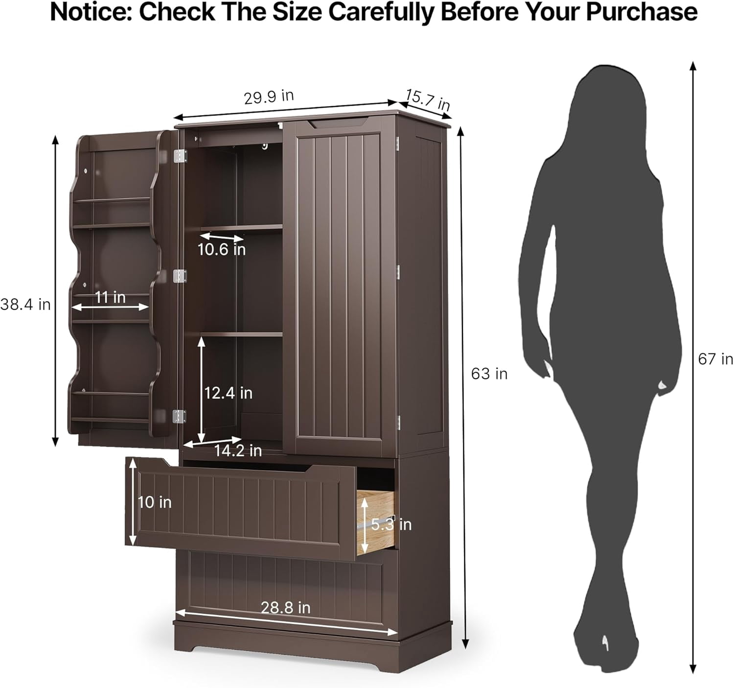 63'' Large Kitchen Pantry Cabinet with Drawers, Noelse Pantry Storage Cabinets with 2 Doors and 3 Shelves for Kitchen Dining Room and Living Room, Dark Brown