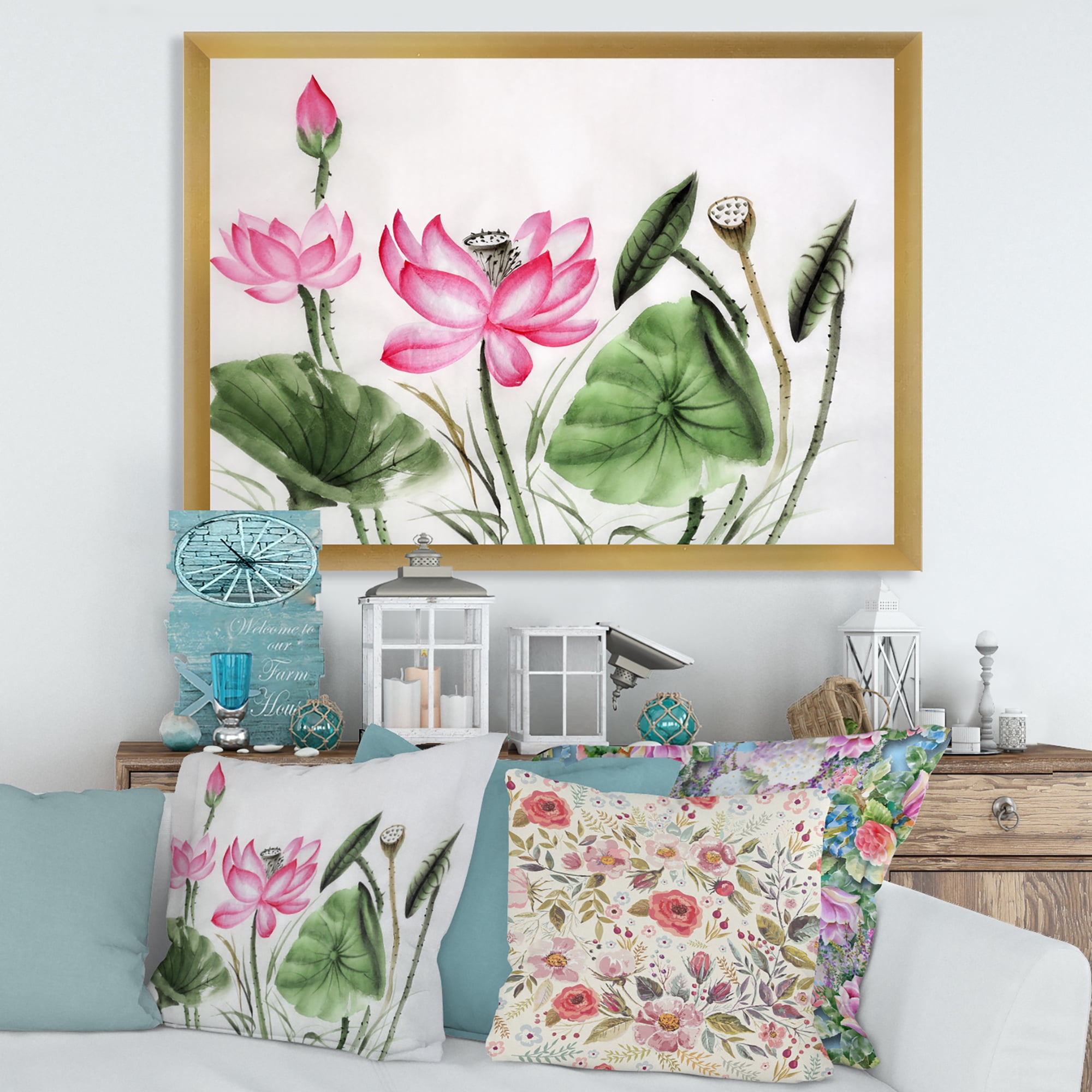 Designart 'Ancient Pink Lotuses In The Pond II' Traditional Framed Art Print