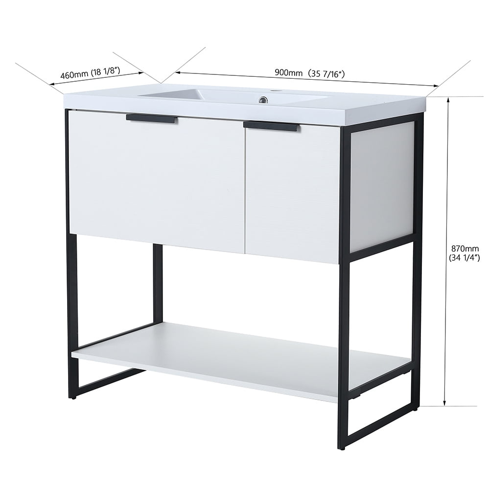 Kepooman 35" Modern Floating Bathroom Vanity, Free Standing Cabinet with Doors and Drawer, White Straight Grain