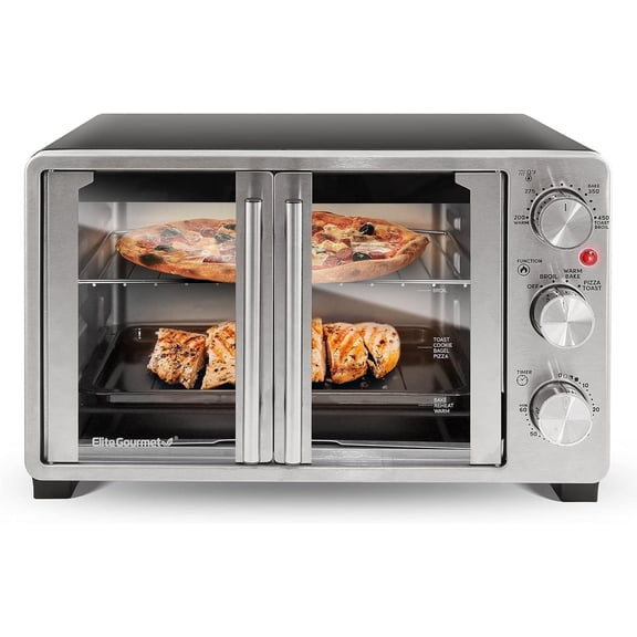 Open Box Elite Gourmet ETO2530M Double French Door Toaster Oven fits 12" Pizza, Stainless Steel