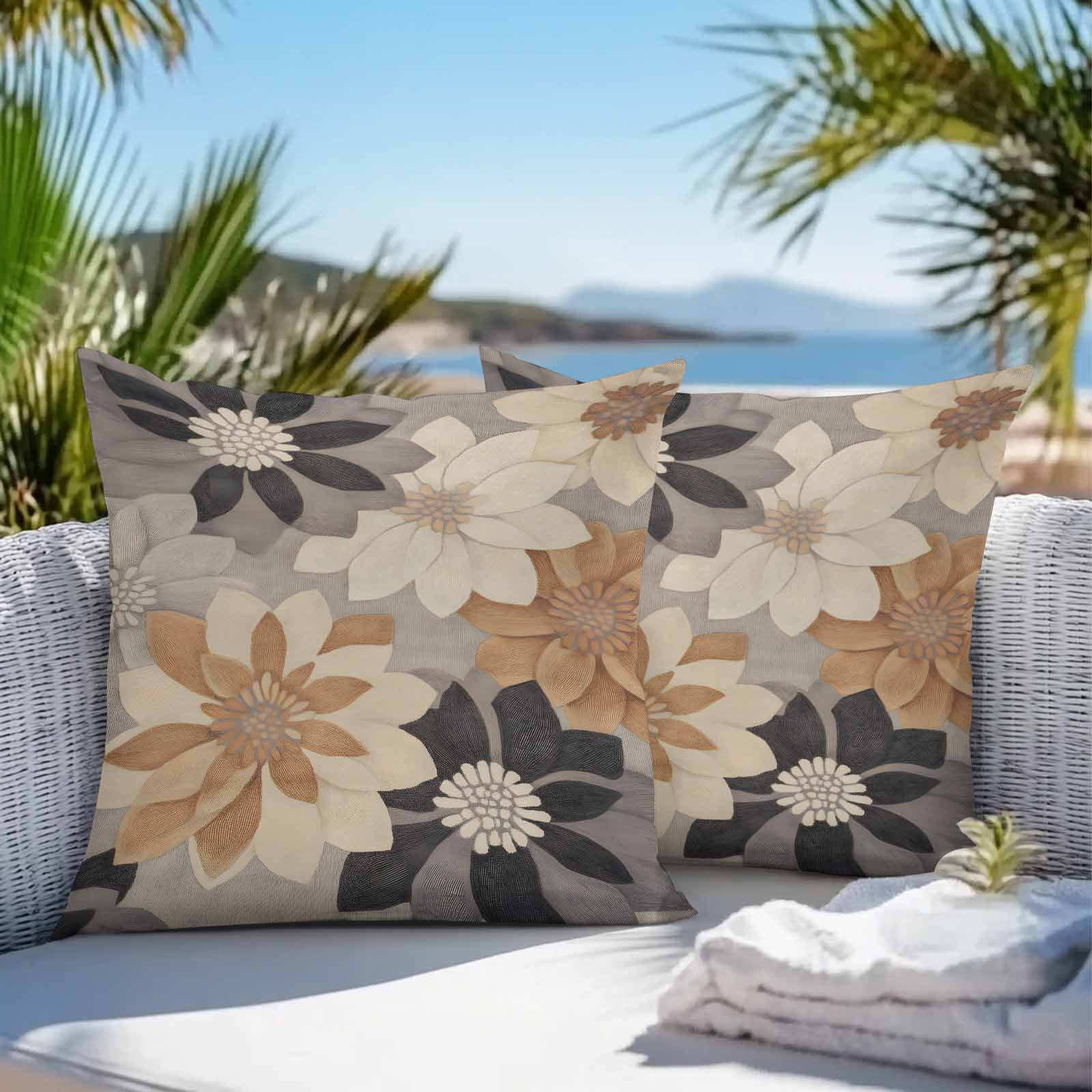 Burnt Orange Grey Outdoor Pillow Covers 16x16 Inch Throw Pillow Covers Set of 2 Waterproof Decorative Pillow Cases Retro Spring Floral Botanical Cushion Covers for Patio Furniture Garden Couch Sofa