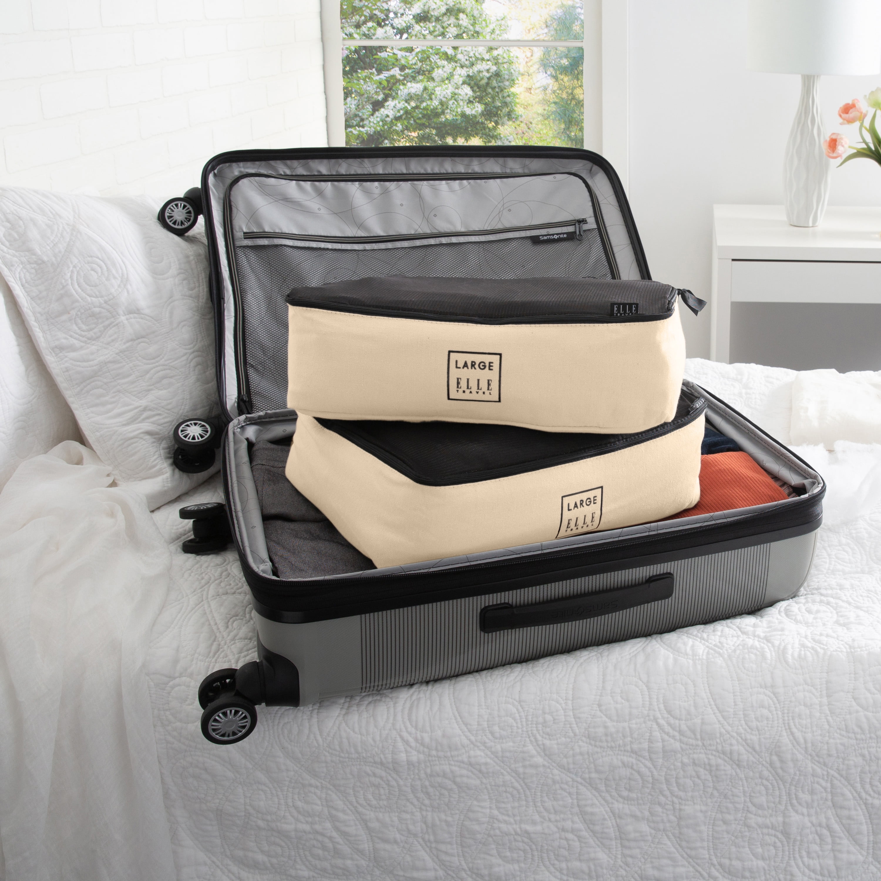 ELLE Paris Travel 2 Pack Large Canvas Rectangle Packing Cubes in Ivory