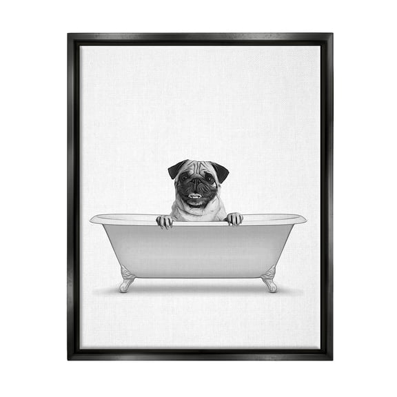 Stupell Industries Pug Dog In Tub Bathroom Pet Animals & Insects Painting Black Floater Framed Art Print Wall Art