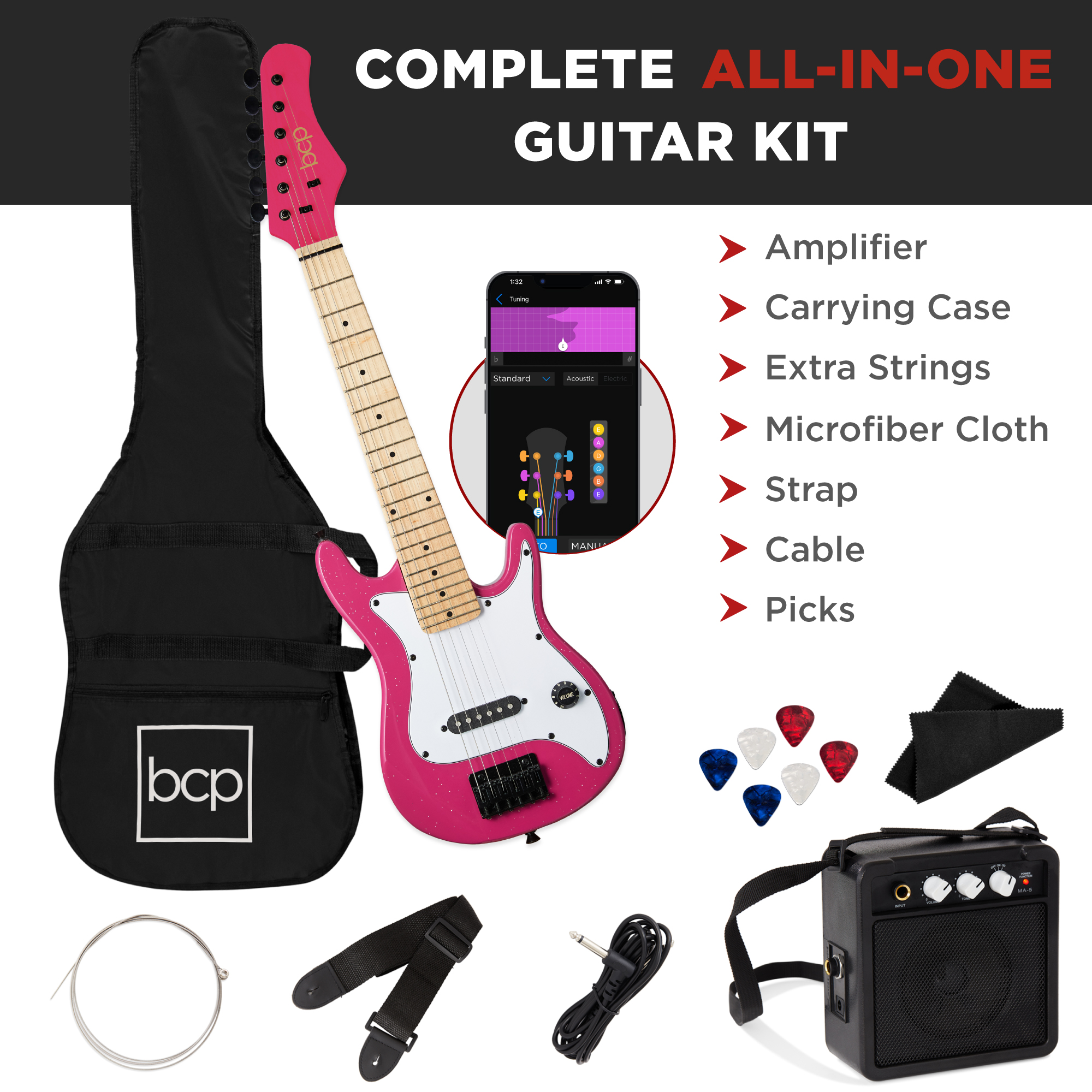Best Choice Products Walmart Exclusive 30in Kids Electric Guitar Beginner Starter Kit w/ 5W Amplifier, Strap, Case - Walmart Pink
