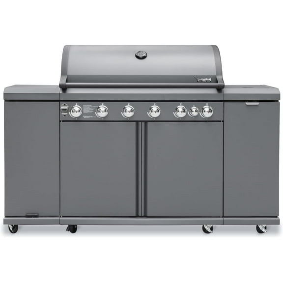 Brand-Man 6-Burner Gas Outdoor Kitchen Grill Island with Side Burner - 72,000 BTU Stainless Steel BBQ Grill Station with Storage Cabinets, Fold-out Prep Table, LPG/NG Convertible, Gray