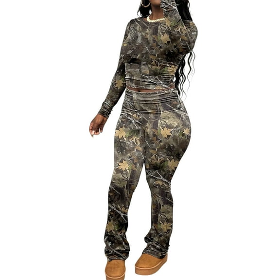 Women’s Grey Long‑Sleeved Crop Top & Flared Pants Set – Casual Streetwear & Fitness Plus Sizes