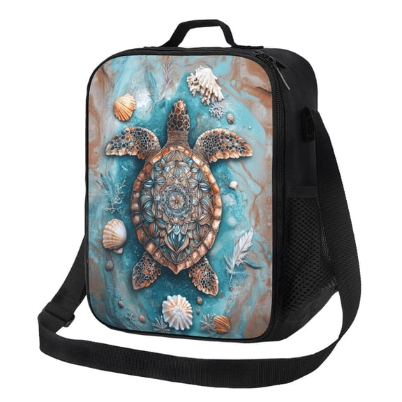 Boho Ocean Sea Turtles Lunch Bag Reusable Lunch Box Insulated Tote Bag with Adjustable Shoulder Strap