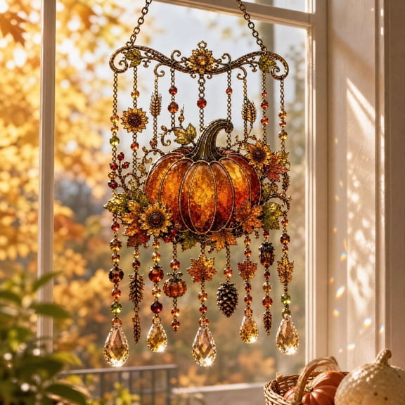 Thanksgiving Wind Chime for Window Porch Yard Decor, 7.87 x 7.87 Inch Autumn Pumpkin Suncatcher, Acrylic Hanging Ornament with Maple Leaf and Crystal Drops