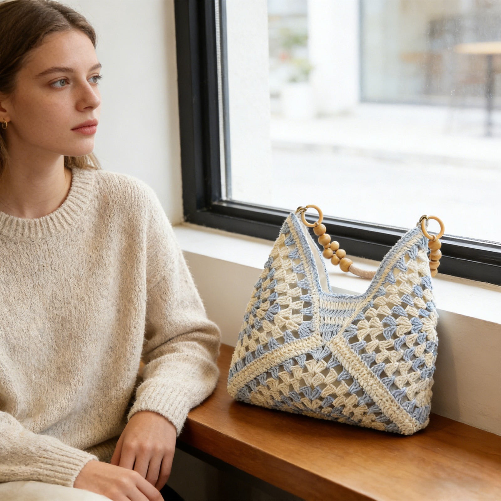 SHJHENG Women's Handmade Crochet Tote Bag, Large Capacity Woven Shoulder Bag with Wooden Beaded Handle, Openwork Knit Hobo Handbag, Versatile Commuter Tote